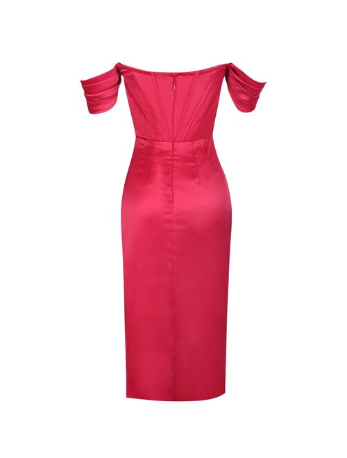 Ocstrade Red Off Shoulder Short Sleeve Over Knee Wrinkled Slit Bodycon Dress HI1116-Red