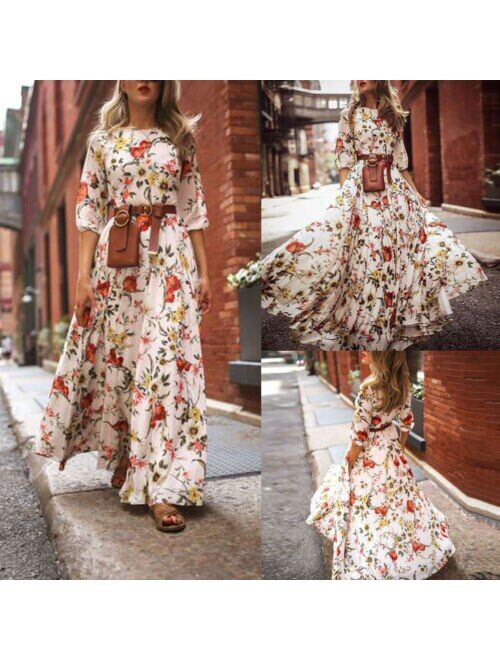 Women's Maxi Boho Dress Floral Print High-waist Three-quarter Sleeve Lady Summer Beach Long Sundress S-XL