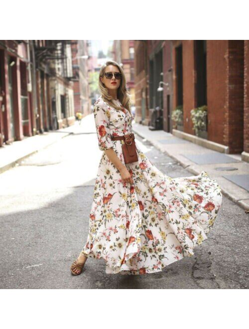 Women's Maxi Boho Dress Floral Print High-waist Three-quarter Sleeve Lady Summer Beach Long Sundress S-XL