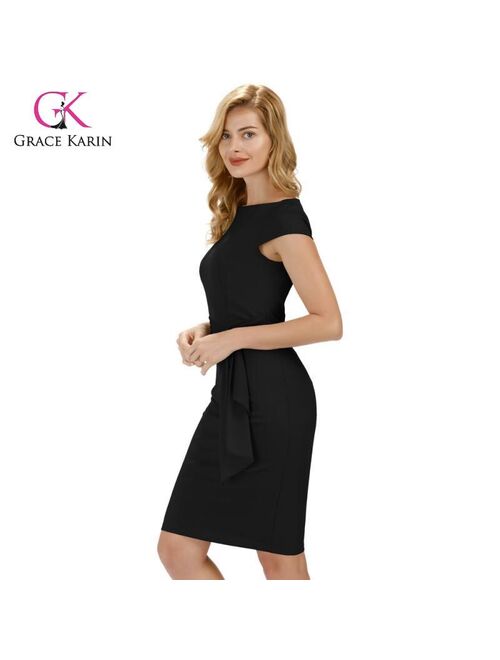 GRACE KARIN Women Cap Sleeve Scoop Neck Drape Decorated Hips-Wrapped Bodycon Pencil Dress