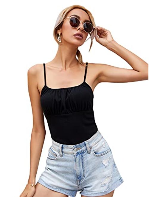 SheIn Women's Sleeveless Lace Trim Backless Ruched Bust Skinny Bodysuit Tops