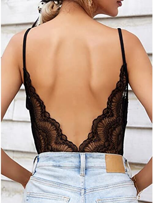 SheIn Women's Sleeveless Lace Trim Backless Ruched Bust Skinny Bodysuit Tops