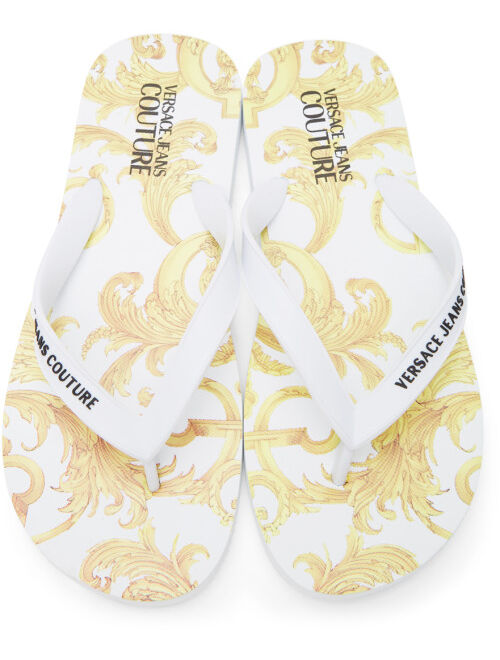 Versace White & Gold Baroque Logo Flip Flops