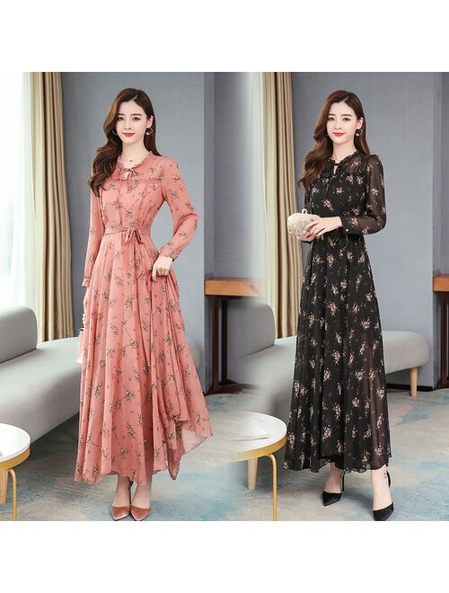 4XL Plus Size Floral Chiffon Boho Dress 2021 Spring Autumn Vintage Women Maxi Dresses White Casual Party Bodycon Long Vestidos