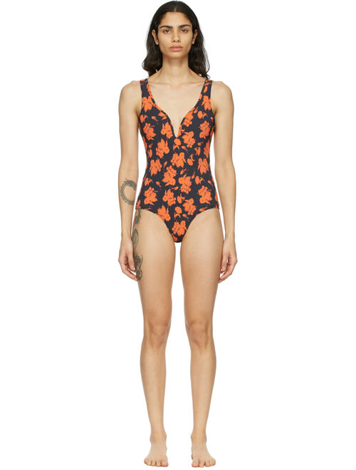 Black & Red Recycled Matte V-Neck One-Piece Swimsuit