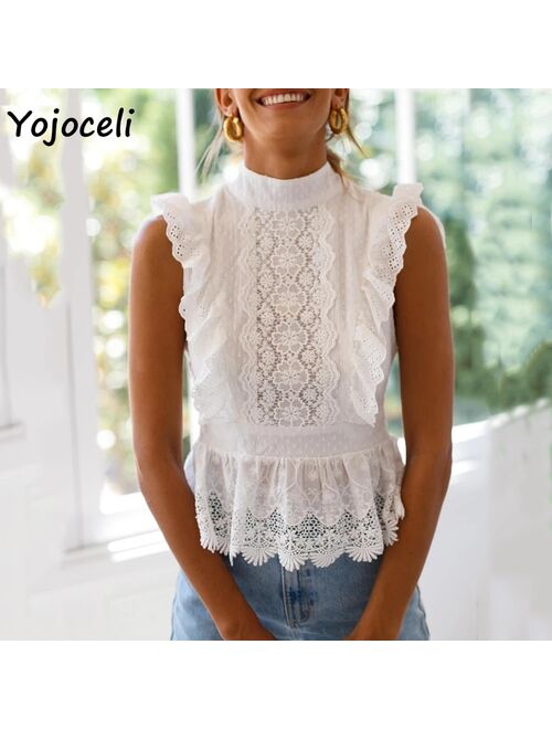 Yojoceli white cotton lace blouses shirt women back bow cotton blouses women ruffle lace shirt