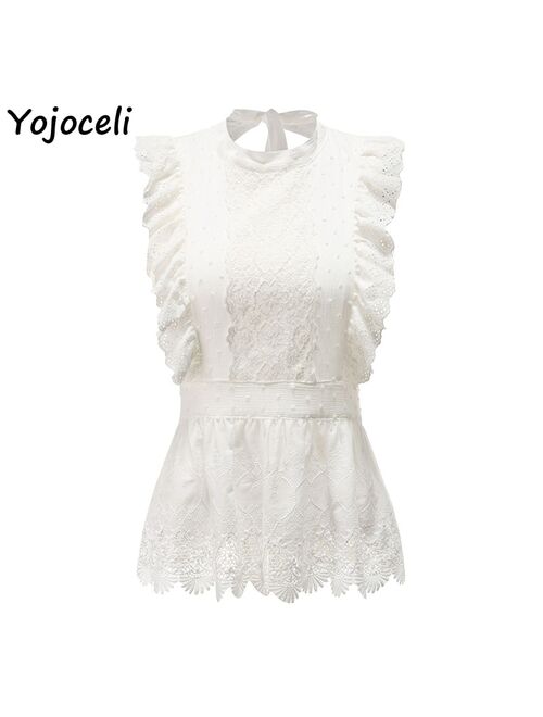 Yojoceli white cotton lace blouses shirt women back bow cotton blouses women ruffle lace shirt