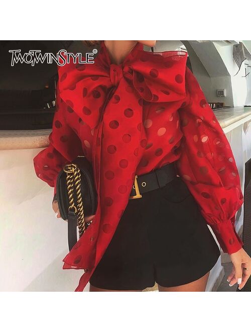 TWOTWINSTYLE Casual Ruched Women's Blouses Bow Collar Lantern Long Sleeve Lace Up Shirts For Female Fashion 2020 Clothing Tide