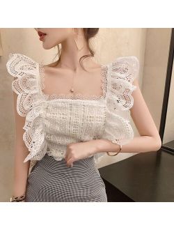 2020 Summer Women Sweet Hollow Out Tops Ladies White Sexy Sleeveless Ruffled Blouses Lace Top Shirt