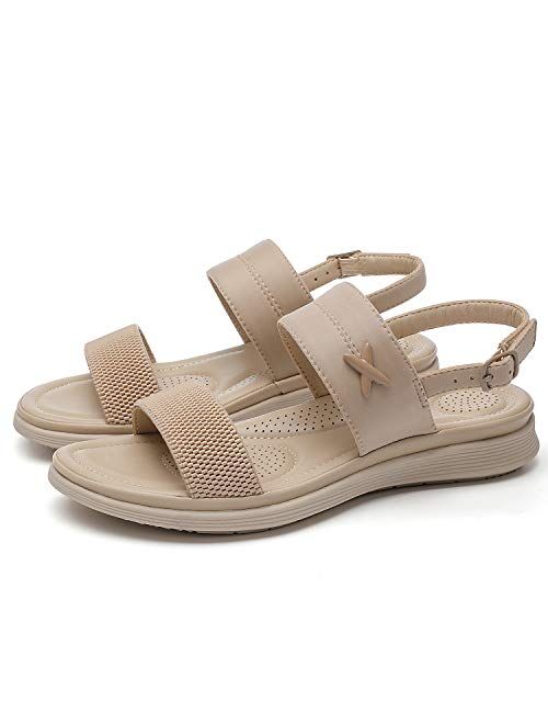 ChayChax Women's Leather Sandals Open Toe Beach Sandal Ankle Strap Summer Slippers Shoes Non Slip