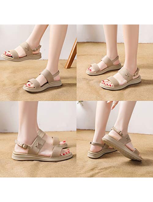 ChayChax Women's Leather Sandals Open Toe Beach Sandal Ankle Strap Summer Slippers Shoes Non Slip