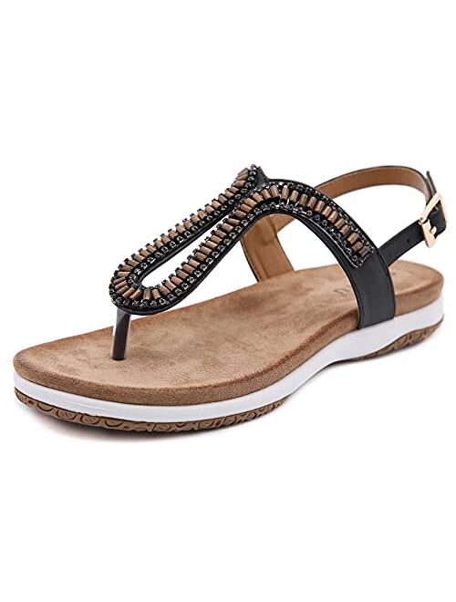 ChayChax Summer Flat Sandals for Women Bohemian Rhinestone Beach Shoes Comfortable Thong Flip Flops Sandals