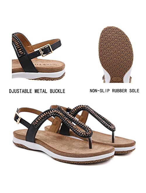 ChayChax Summer Flat Sandals for Women Bohemian Rhinestone Beach Shoes Comfortable Thong Flip Flops Sandals