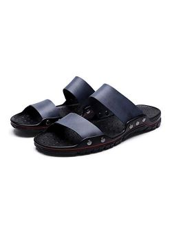 Mens Slide Sandals Leather Summer Slippers Shoes Non-Slip Clogs Mules with Rubber Sole