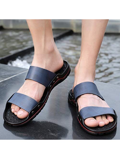 ChayChax Men’s Slide Sandals Leather Summer Slippers Shoes Non-Slip Clogs Mules with Rubber Sole