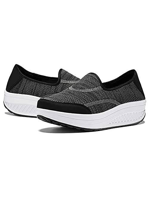 ChayChax Women Platform Walking Sneakers Breathable Mesh Slip on Wedges Trainers Platform Loafers Toning Rocker Shoes