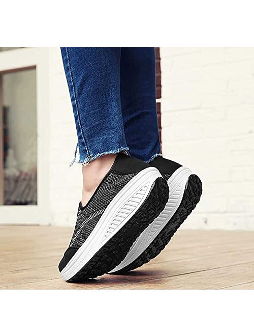 ChayChax Women Platform Walking Sneakers Breathable Mesh Slip on Wedges Trainers Platform Loafers Toning Rocker Shoes