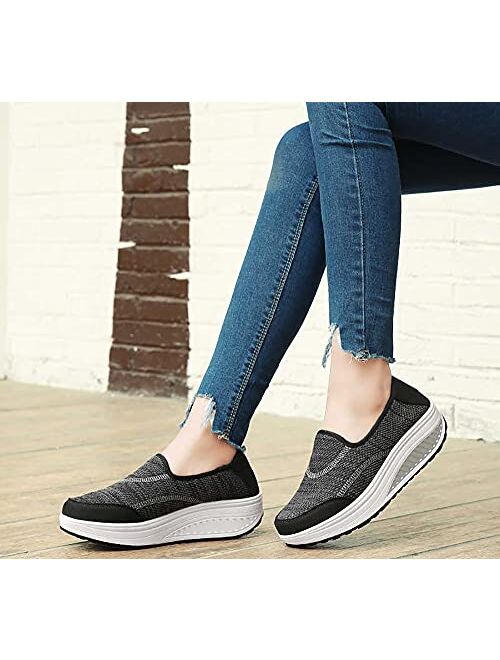 ChayChax Women Platform Walking Sneakers Breathable Mesh Slip on Wedges Trainers Platform Loafers Toning Rocker Shoes
