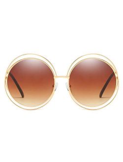 Metal Double Circle Wire Frame Oversized Round Sunglasses for Women