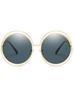 Metal Double Circle Wire Frame Oversized Round Sunglasses for Women