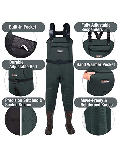 HISEA Neoprene Fishing Chest Waders for Men with Boots Cleated Bootfoot Waterproof Mens Womens Waders Fishing & Hunting Waders-Green and Brown