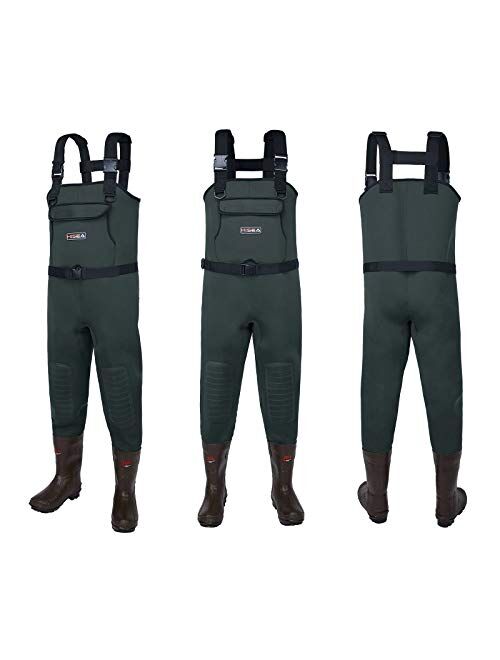 HISEA Neoprene Fishing Chest Waders for Men with Boots Cleated Bootfoot Waterproof Mens Womens Waders Fishing & Hunting Waders-Green and Brown
