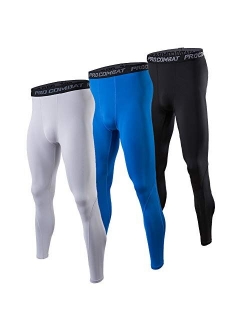 BUYJYA 3 Pack Men's Compression Pants Running Tights Workout Leggings Athletic Cool Dry Yoga Gym Clothes