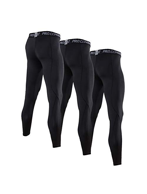BUYJYA 3 Pack Men's Compression Pants Running Tights Workout Leggings Athletic Cool Dry Yoga Gym Clothes