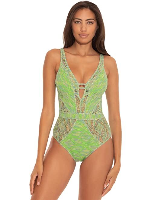 BECCA by Rebecca Virtue Mosaic Crochet Plunge One-Piece