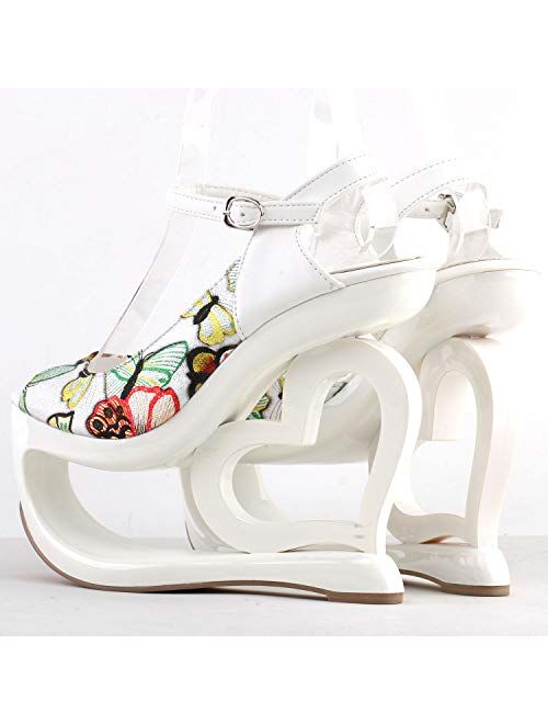 Show Story Elegant Floral Print Bow Ankle Strap Heart Heel Wedge Bridesmaid Wedding Sandals,LF40213