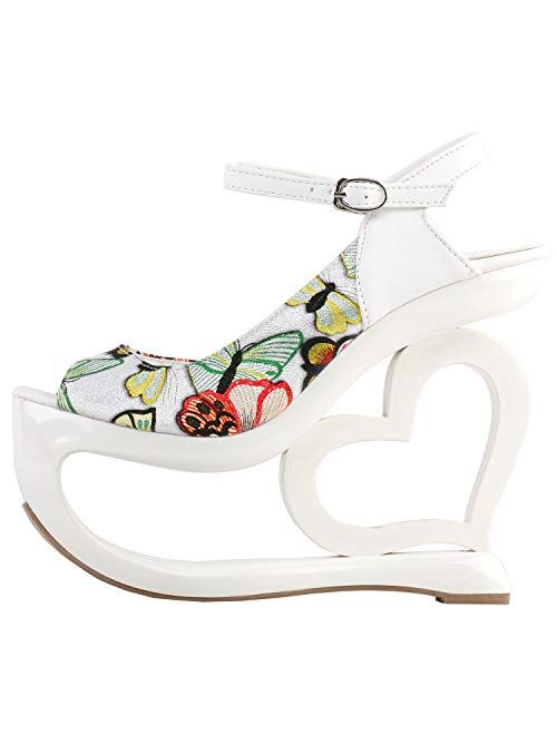 Show Story Elegant Floral Print Bow Ankle Strap Heart Heel Wedge Bridesmaid Wedding Sandals,LF40213
