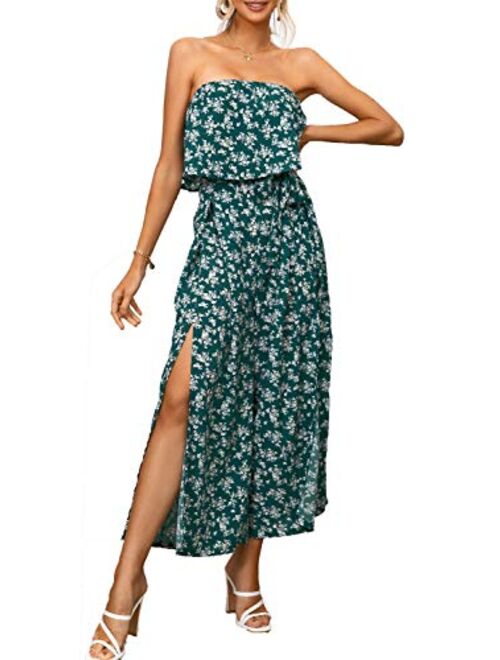 Amegoya Women's Sexy Off Shoulder Floral Print Romper Casual Drawstring Wide Leg Pants Jumpsuit