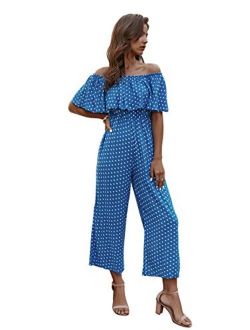 LIYOHON Women's Summer Off Shoulder Ruffle Polka Printed High Waisted Wide Leg Pants Jumpsuit with Pockets