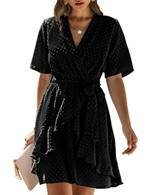 BTFBM Women Fashion Faux Wrap Swiss Dot V-Neck Short Sleeve High Waist A-Line Ruffle Plain Belt Short Dress