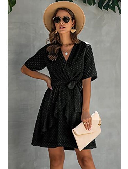 BTFBM Women Fashion Faux Wrap Swiss Dot V-Neck Short Sleeve High Waist A-Line Ruffle Plain Belt Short Dress