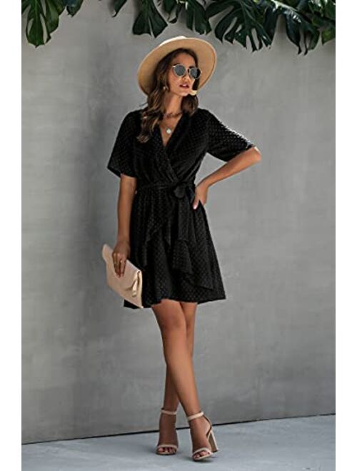 BTFBM Women Fashion Faux Wrap Swiss Dot V-Neck Short Sleeve High Waist A-Line Ruffle Plain Belt Short Dress