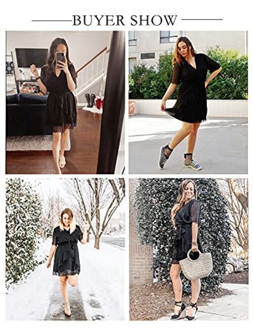 BTFBM Women Fashion Faux Wrap Swiss Dot V-Neck Short Sleeve High Waist A-Line Ruffle Plain Belt Short Dress