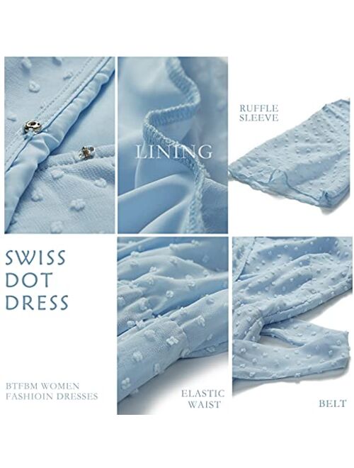 BTFBM Women Fashion Faux Wrap Swiss Dot V-Neck Short Sleeve High Waist A-Line Ruffle Plain Belt Short Dress