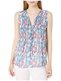 Women's Floral Dye Pleat Front Blouse with Tie at Neck