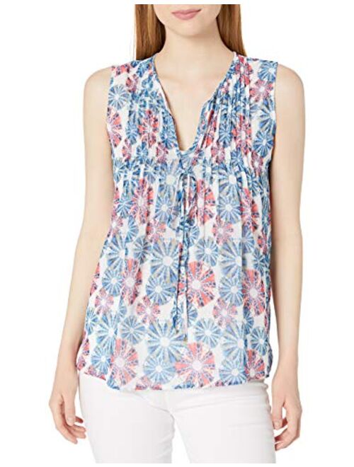 Tommy Hilfiger Women's Floral Dye Pleat Front Blouse with Tie at Neck