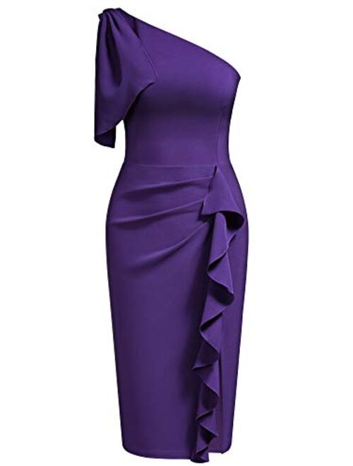 AISIZE Women's Sexy One Shoulder Ruffle Party Bodycon Pencil Dress