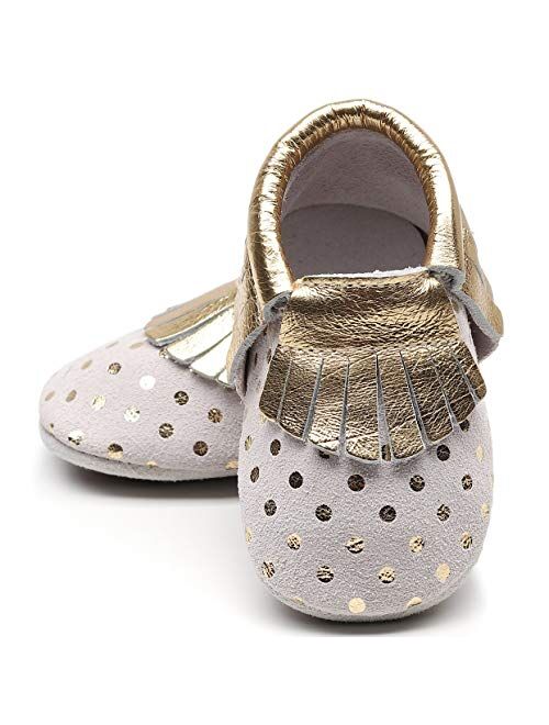 HONGTEYA Leather Baby Moccasins Hard Soled Tassel Crib Toddler Shoes for Boys and Girls