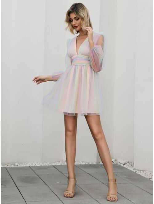 Shein Double Crazy Plunging Neck Rainbow Mesh Skater Dress