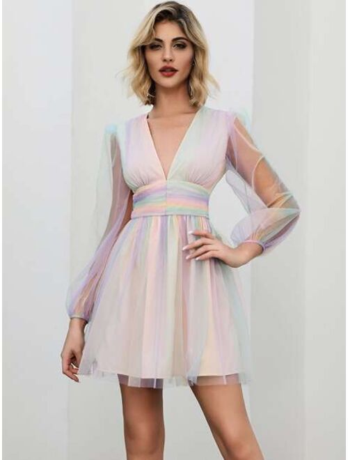 Shein Double Crazy Plunging Neck Rainbow Mesh Skater Dress
