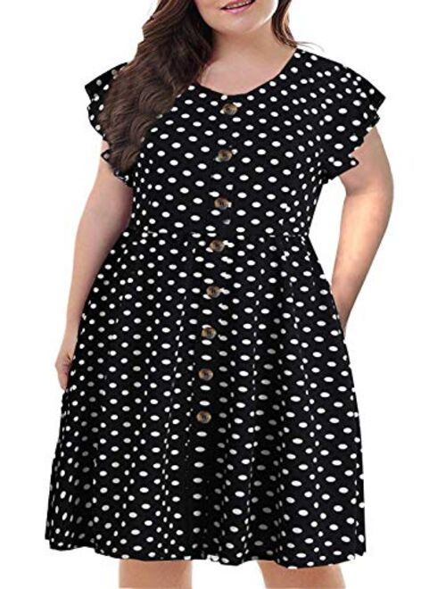 BEDOAR Women's Summer Plus Size Ruffle Sleeve O-Neck Button Down Casual A-Line Swing Dress with Pockets