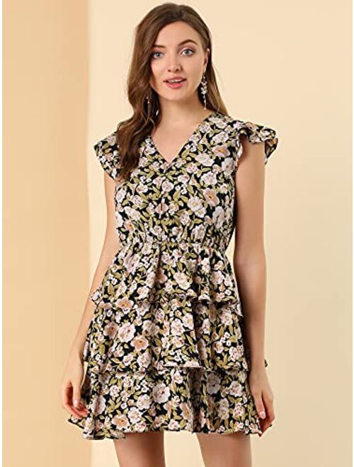 Allegra K Women's V Neck Button Front Layered Cap Sleeve Ruffle Summer Floral Mini Dress