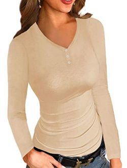 VICHYIE Women's Tunic Shirts Fall Long Sleeve Shirt V Neck T Shirts Stretch Blouse Casual Slim Fit Tops