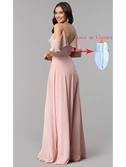 ChongXiao Women's Off Shoulder Bridesmaid Dresses Long Spaghetti Straps Ruffled Chiffon Formal Evening Gowns CX51