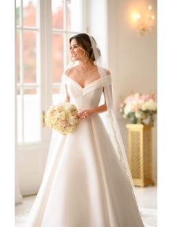 Women's A Line Long Wedding Dress Off The Shoulder Satin Bridal Dresses for Bride