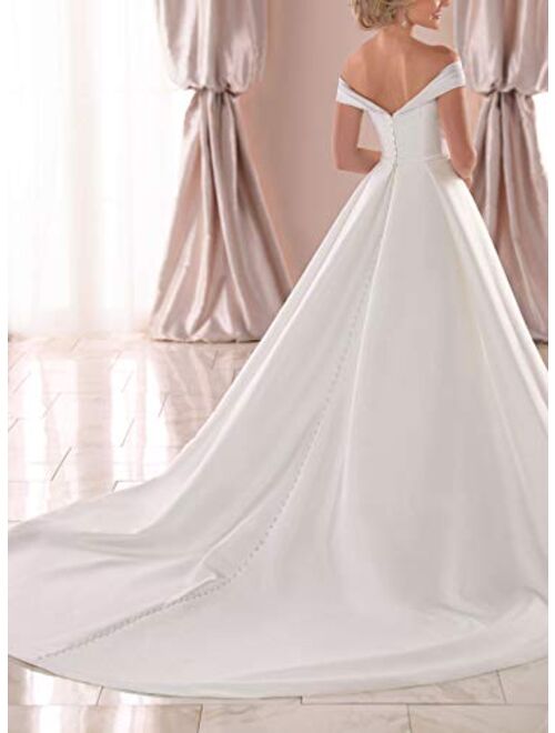 Women's A Line Long Wedding Dress Off The Shoulder Satin Bridal Dresses for Bride